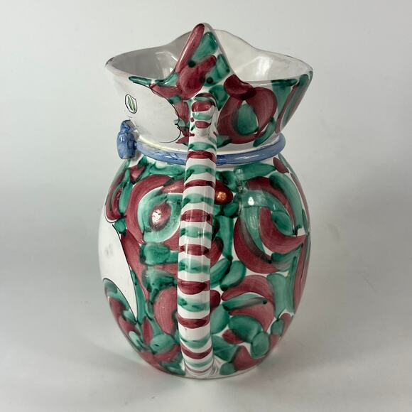 Kitty Cat Pitcher Vintage Hand Painted Italian Glazed Green Red 2105/2 Carafe - Picture 2 of 14